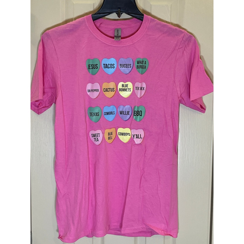 Gildan‎ Texas Conversation Hearts Graphic Tee Women Medium Pink New Texas Pride